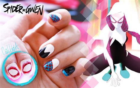 A neat touch of the color work features characters wearing clothing that corresponds to their superheroic identities - <b>Gwen</b> is often in white/pink/blue, for example. . Spider gwen nails